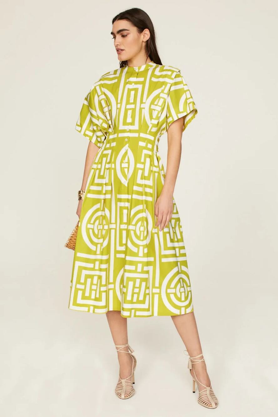 Natori Infinity Dress Geometric Print Short Sleeve Midi A-Line Green White 4